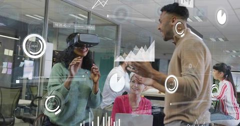 Team collaborating with vr headset visualizing data analytics and interactive hud in office