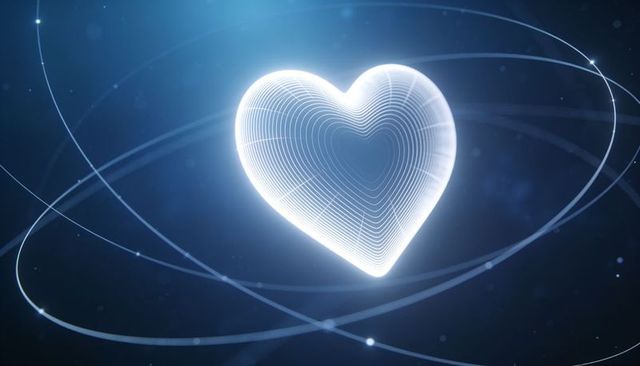 Luminous layered heart with orbital light trails on deep blue cosmic background futuristic neon love