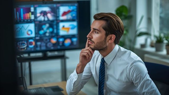 Business analyst studying financial dashboards on screen in modern office workspace