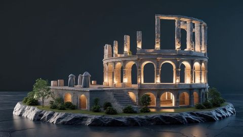 Ai-generated roman amphitheater model on rocky islet with lighting