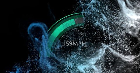 Futuristic speedometer with digital particles in dark setting