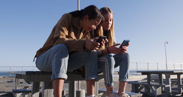 Teen Friends Sitting Outdoors Using Smartphones - Download Free Stock Images Pikwizard.com