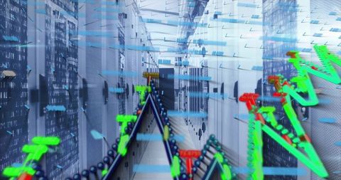 Futuristic Data Center with 3D Digital Overlays and Binary Code