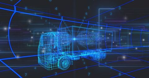 Futuristic wireframe truck floating in cyber grid tunnel