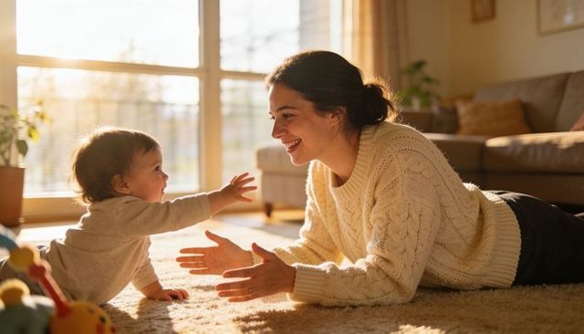 Mother and toddler reaching and smiling on sunlit living room rug, cozy family moment