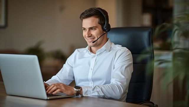 Young Professional Man Using Laptop and Headset in Modern Office