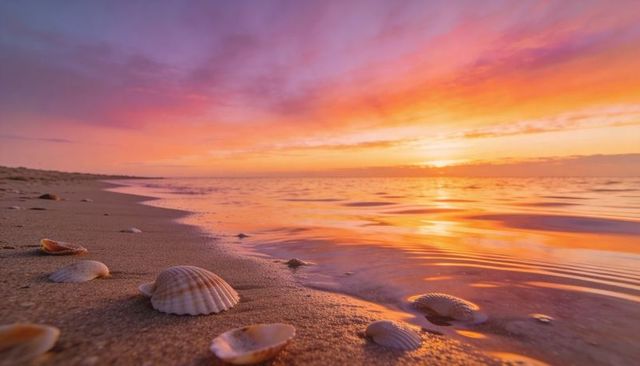 Scallop shells on wet sand reflecting pink orange sunset over calm sea at twilight