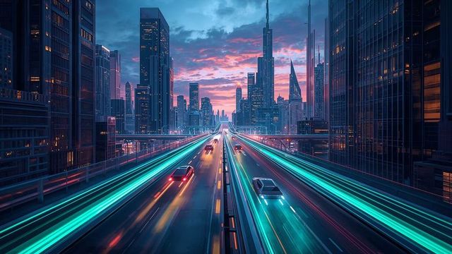 Futuristic City At Dusk with Neon Light Trails Over-the-Highway