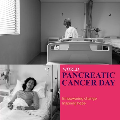 this conceptual composition highlights world pancreatic cancer day through powerful imagery of diverse patients in a hospital setting. the text emphasizes awareness and hope, ideal for use in campaigns or educational materials focussing on cancer awareness, healthcare, patient care, and systemic support. this visual serves as a poignant reminder of the human aspect of medical challenges.