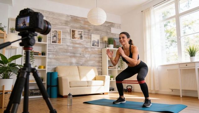 Female trainer recording resistance band squats for online workout in bright living room