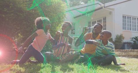 Family Enjoying Outdoor Bubble Fun on Sunny Lawn