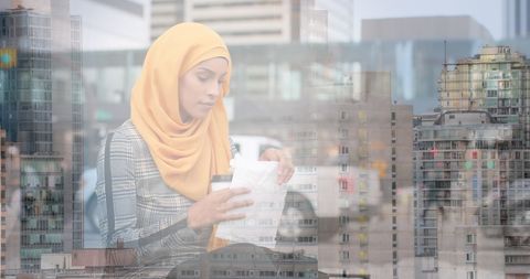 Young Woman in Hijab Enjoying Lunch with Urban Cityscape Overlay