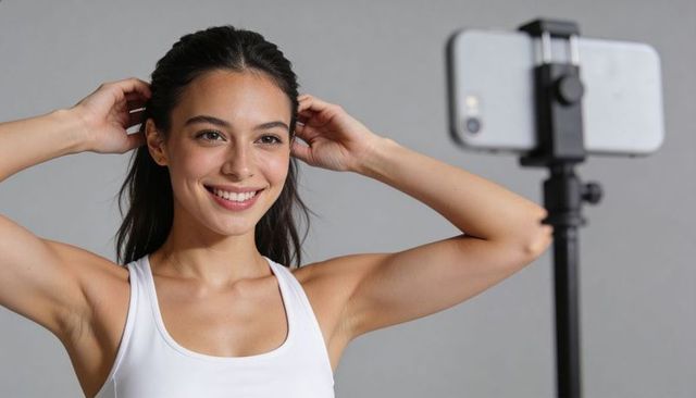 Smiling woman in white tank top adjusting hair while recording on smartphone tripod