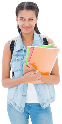 Happy Biracial Student Holding Colorful Folders on Transparent Background