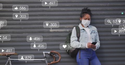 Woman in Mask with Smartphone Amid Social Media Icons