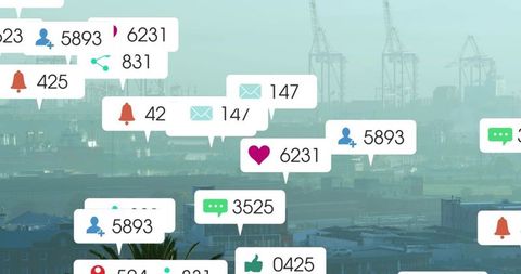 Social Media Notification Overlays Floating Above Industrial Port Engagement Icons and Counts