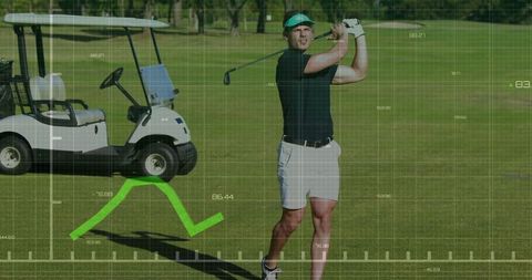 Golfer analyzing swing performance on scenic fairway