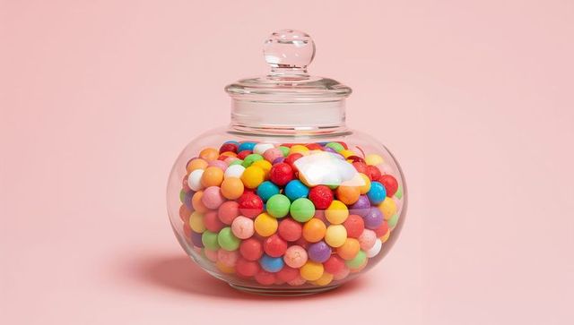 Displaying glass apothecary jar of colorful gumballs on pastel pink background