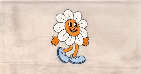 Retro smiling daisy character walking with blue sneakers on vintage paper background