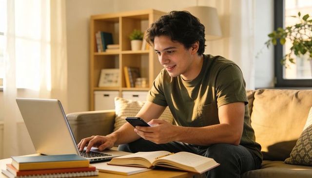 Young man studying and working from home with laptop and smartphone on cozy sofa