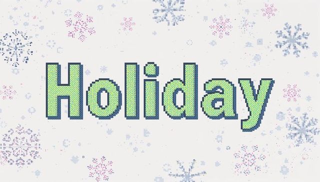 Holiday pixel cross-stitch typography on cream canvas with pastel snowflakes and shadow