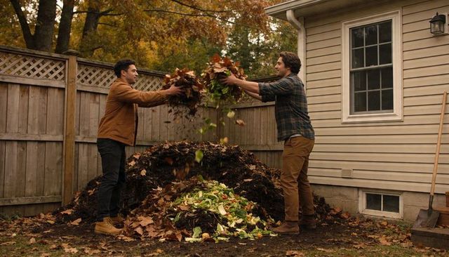 Neighbors composting together in backyard tossing autumn leaves for sustainable gardening