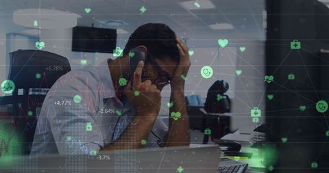 Stressed Businessman on Phone Surrounded by Financial Data - Download Free Stock Images Pikwizard.com