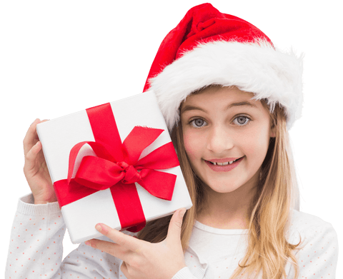Smiling Girl with Santa Hat Holding Christmas Gift on Transparent Background