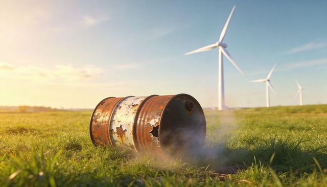 Rusting barrel emitting smoke on sunlit field with wind turbines at golden hour