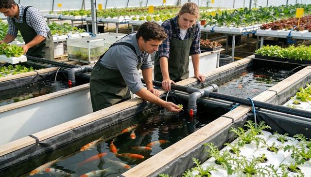 Aquaponic greenhouse farmers inspecting seedlings and koi in nutrient-rich grow tanks