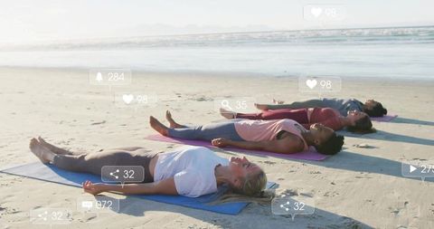 Yoga Practice on Scenic Beach with Social Media Notifications