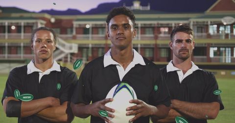 Confident Rugby Players Stand Ready in Front of Arena