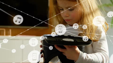 Child Exploring Technology with Virtual Reality Headset and Digital Icons