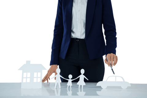 Transparent Cut-Outs of Family, House, and Car with Woman