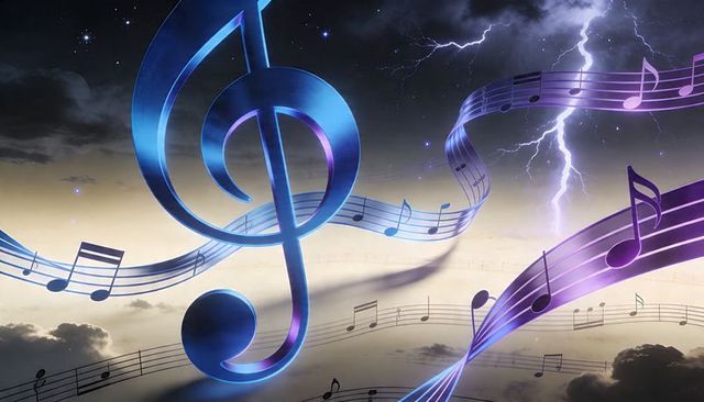 Celestial symphony with giant blue treble clef and lightning-struck musical ribbons