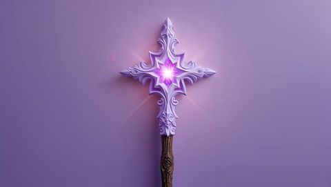 Ornate wooden staff with glowing purple star gemstone