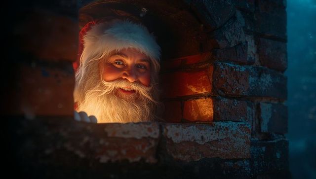 Warm Memories: Santa Smiling Through a Sooty Brick Chimney