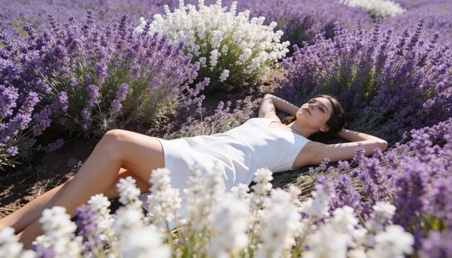 Serene woman reclining in lavender field wearing white dress, sunlit floral meadow