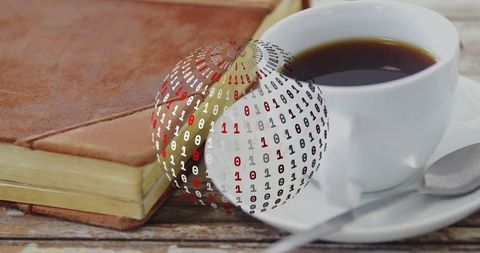 Vintage notebook coffee and binary code sphere on rustic table