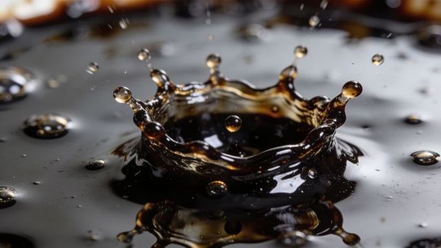 High-speed dark viscous crown splash macro closeup glossy droplets reflective surface