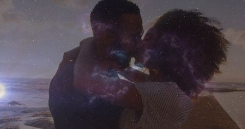 Starry Embrace: Romantic Kiss on Celestial Pier at Dusk