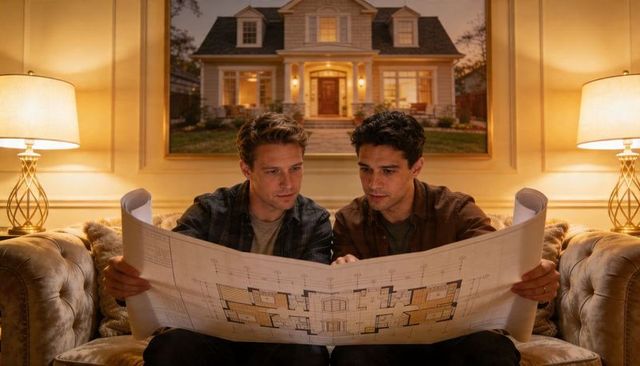 Two men studying house blueprint on tufted sofa, planning renovation and interior design