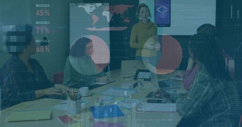 Presenter in yellow sweater presenting data with interactive charts in collaborative meeting