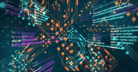 Futuristic neon circuit network pulsing with floating code and data stream in cyberspace