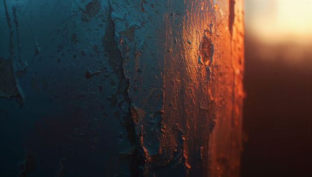 Weathered Metal Pillar at Golden Hour with Peeling Paint Texture