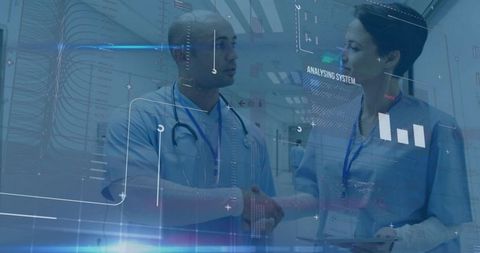 Doctors Collaborating on Tablet with Futuristic Digital Health Overlays in Hospital Hall