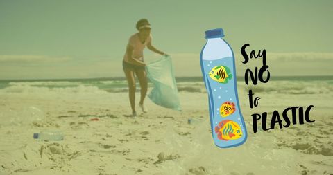 Volunteer collecting beach litter advocating anti-plastic awareness