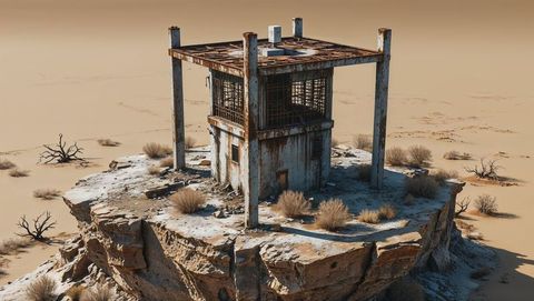 Abandoned guard post on rocky desert outcrop with apocalyptic feel