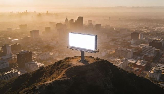 Blank illuminated billboard glowing on hilltop overlooking foggy urban skyline at sunrise
