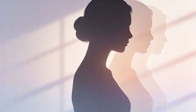 Layered female silhouette profiles with pastel gradient and diagonal window shadows